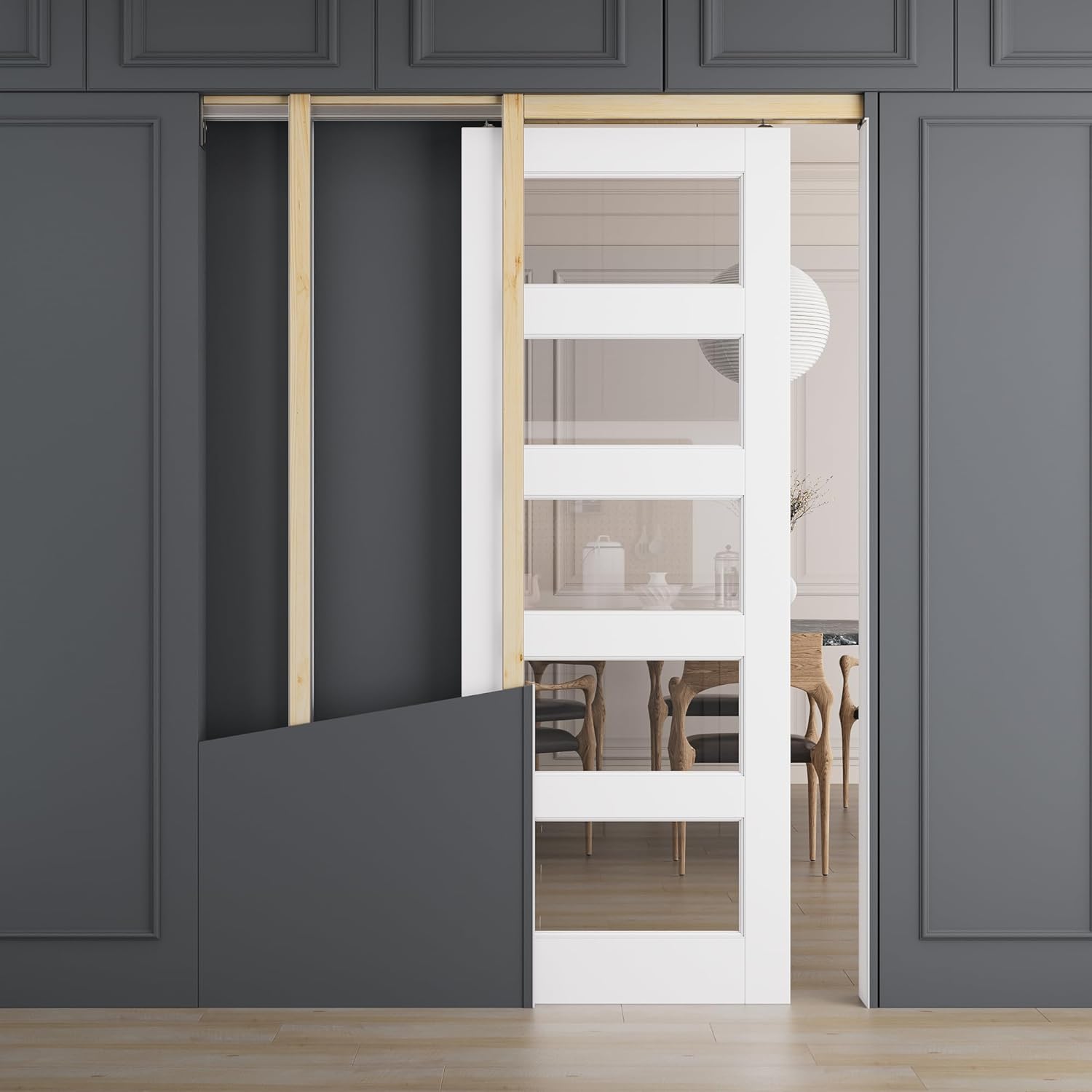 All-Inclusive Soft-Close Sliding Pocket Door 30" x 80" 5-Lite Clear Glass Sliding Doors with Frame & Hardware Kit, Pocket Interior Doors for Home, White Primed