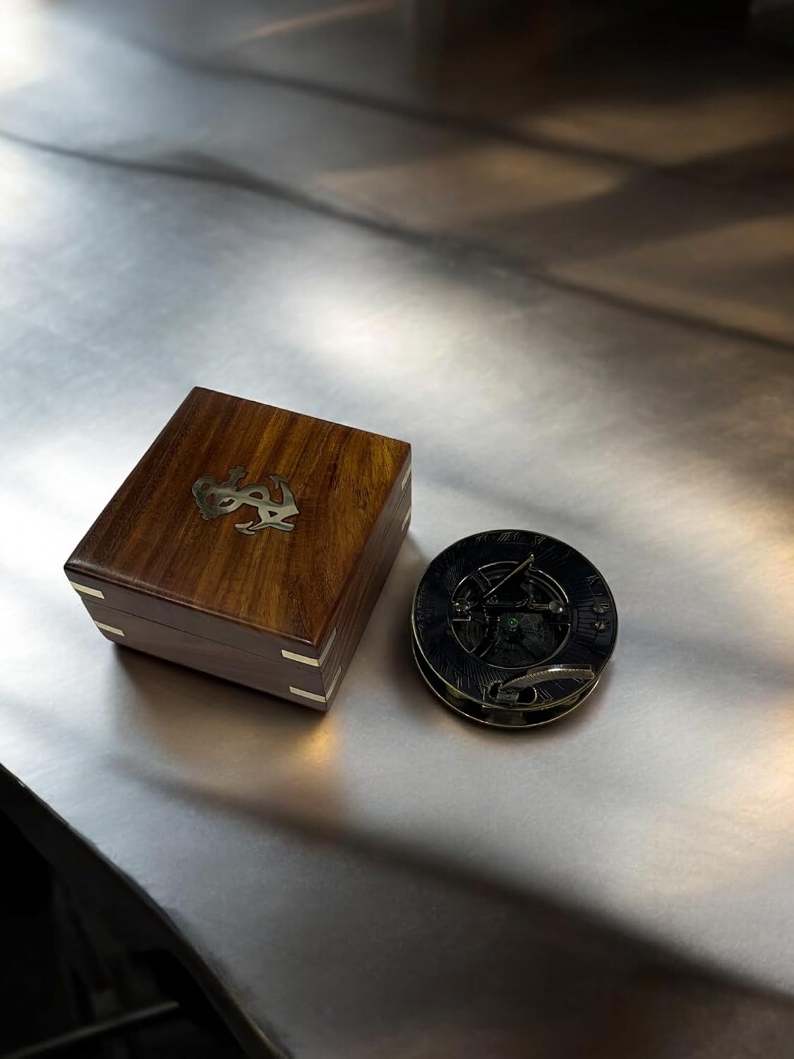NESTDOT-Antique Brass & Copper Sundial Compass, Antique Brass Compass Marine Boat Gift for Camping, Hiking, Touring Nautical Marine Gift Sundial Compass with Wooden Box Case Vintage Gift