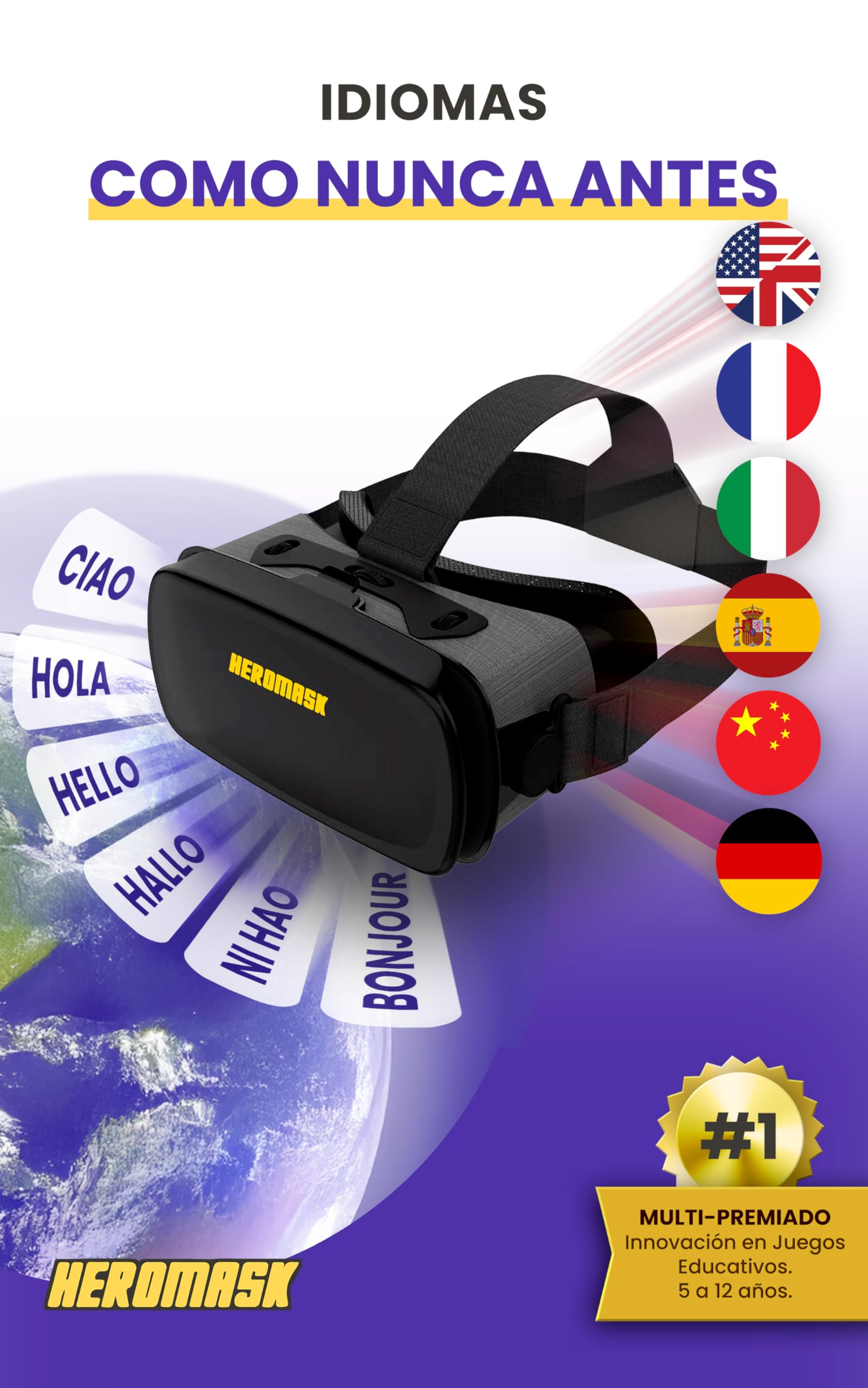Heromask Languages: Virtual Glasses + Games (5-12 years) ― Gift that motivates you to learn English, Chinese and other languages while playing VR video games - 5