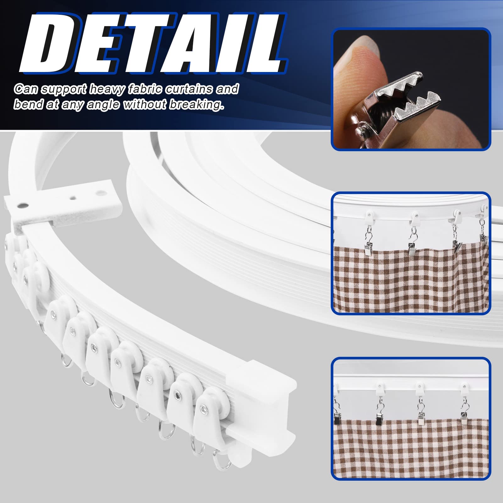 Glarks Kit surtido de 155 piezas de cortina de techo curvada flexible de 5 m, con 40 ganchos de cortina de 3,5 cm, 40 clips de cortina para cortinas de ducha en forma de U