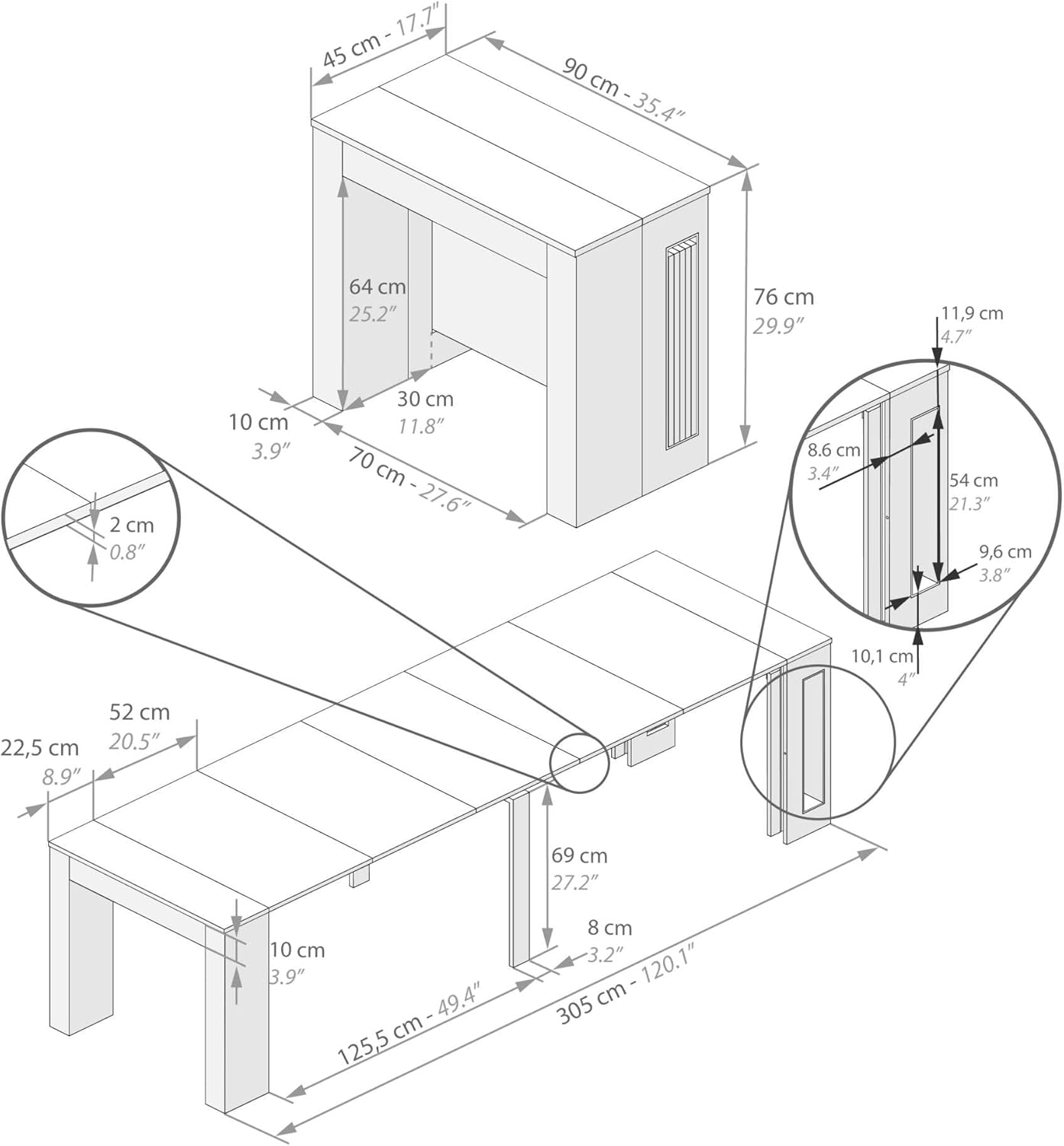 Mobili Fiver, Easy, Extendable Console Table with Extension Leaves Holder, 17.7(120.1) x35.4 in, Concrete Effect, Grey, Made in Italy