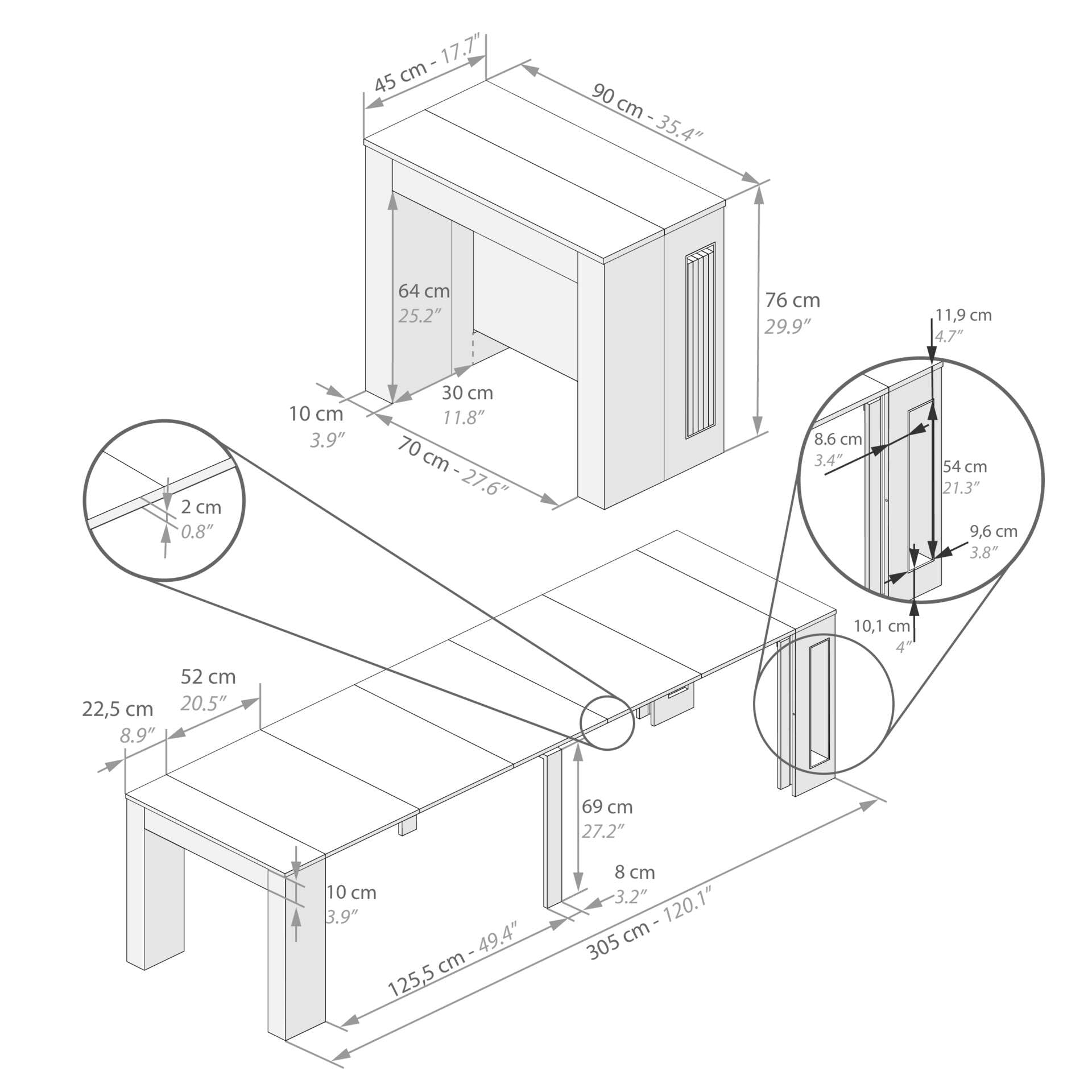 Mobili Fiver, Tavolo Consolle Allungabile con porta prolunghe Easy, 45(305) x 90 cm, Grigio Cemento, fino a 12 posti, Consolle da Ingresso, Soggiorno, Made in Italy