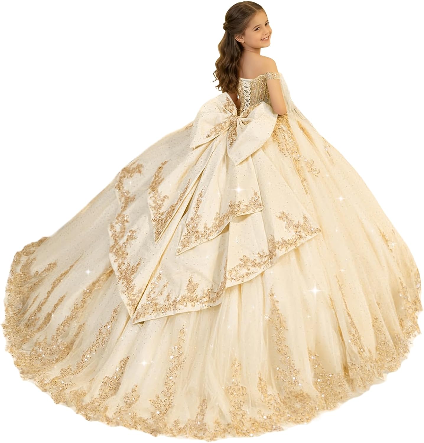 Sequin Applique Flower Girl Dress Gold Lace Pageant Dresses for Girls with Bow Off Shoulder First Communion Dress