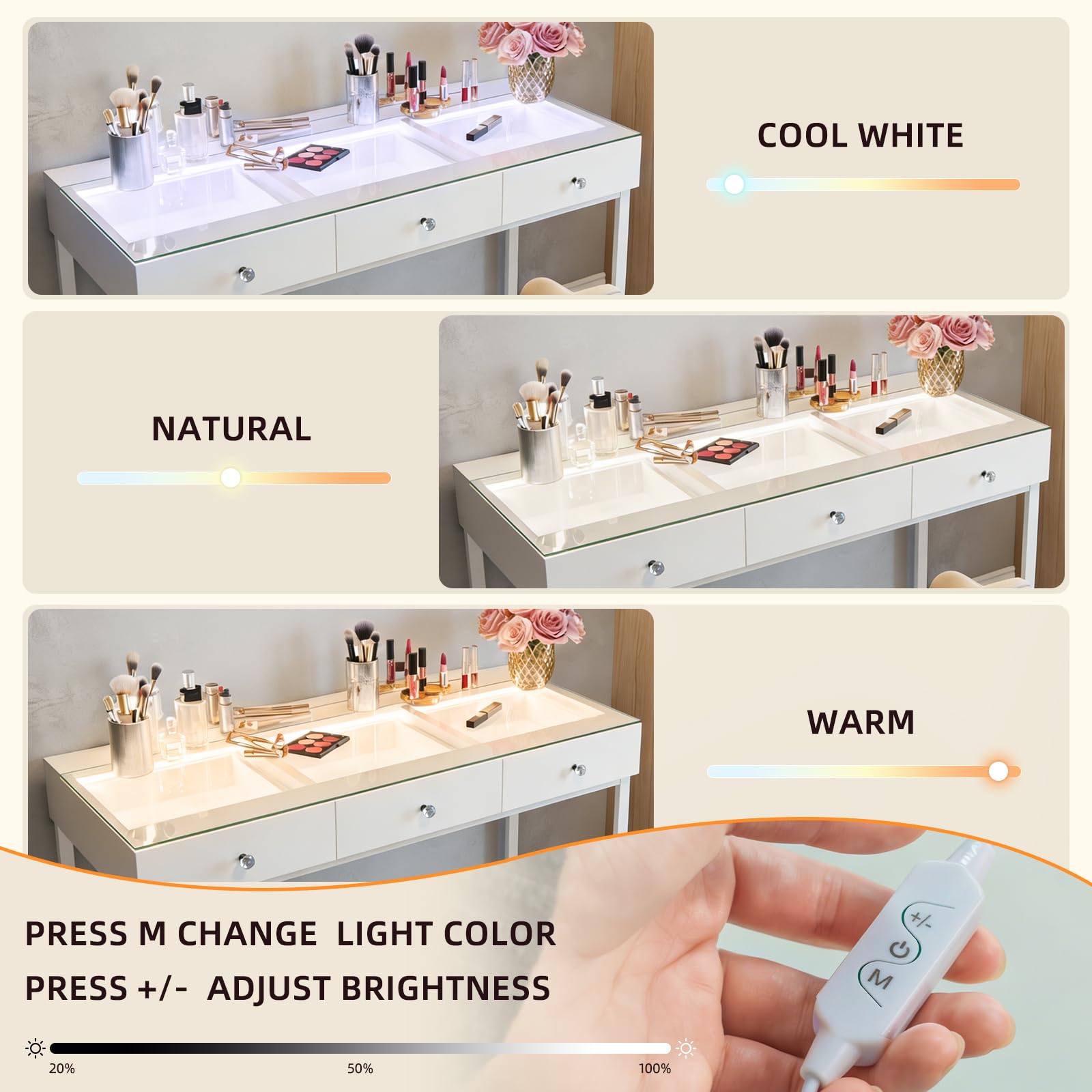 FENCHILIN Schminktisch mit Beleuchtung 3 großen Schubladen 115 x 55 x 81 cm | Schminktisch mit 3 Lichtfarben und transparenter Tischplatte aus gehärtetem Glas für Schlafzimmer und Ankleidezimmer Weiß