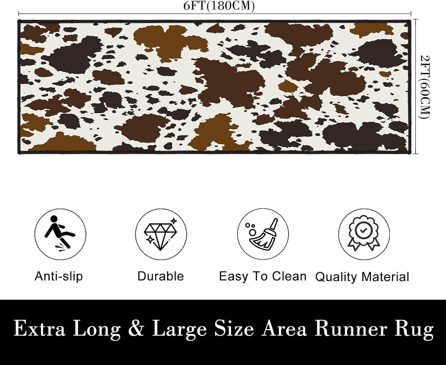 2x6 Cow Print Rug, Brown Black, Machine Made, Low Pile, Soft, Non-Slip, Washable, Indoor, Rectangular Runner for Bedroom, Hallway, Kitchen, Bathroom, Living Room