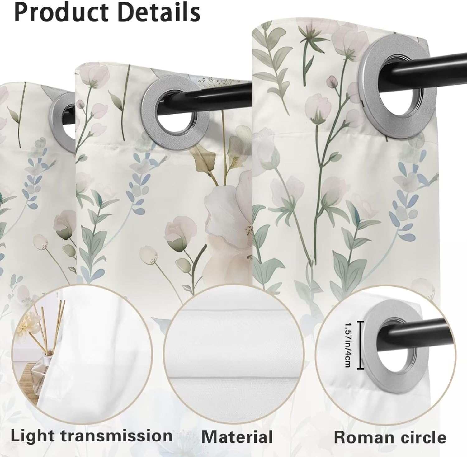 Floral Pattern Window Curtains 2 Panels Waterproof Window Privacy Curtain Semi-Sheer Drapes for Bedroom, Home Decoration for Kitchen Bathroom Living Room