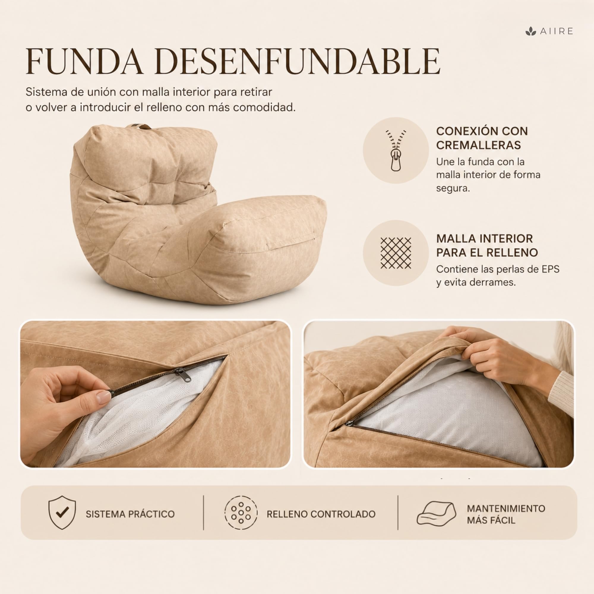 Aiire Puff Salón XXL de Diseño - Sillón Puf con Relleno Incluido para Adulto o Adolescente en Polipiel Premium - Bean Bag Chair Moderno para Dormitorio - Funda Desenfundable y Lavable