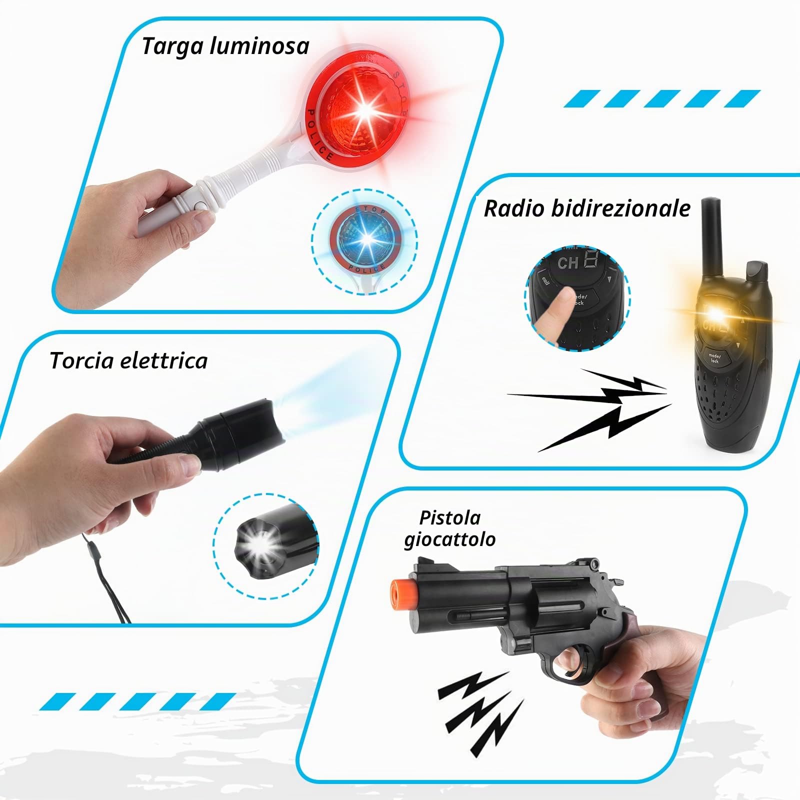deAO Costume Poliziotto Bambino, 14PCS Accessori Polizia per Bambini | Giocattolo Attrezzatura della Polizia, Gilet Occhiali da Sole, Walkie Talkie Giocattolo Gioco di Ruolo per Halloween 6+anni