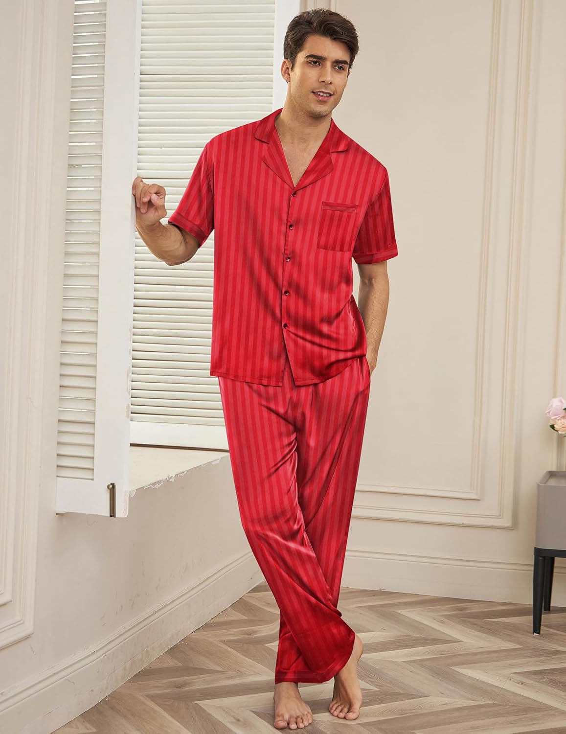 Ekouaer Men Satin Silk Pajamas Set 2 Piece Button Down Sleepwear Long Pants Loungewear with Pockets - Image 2