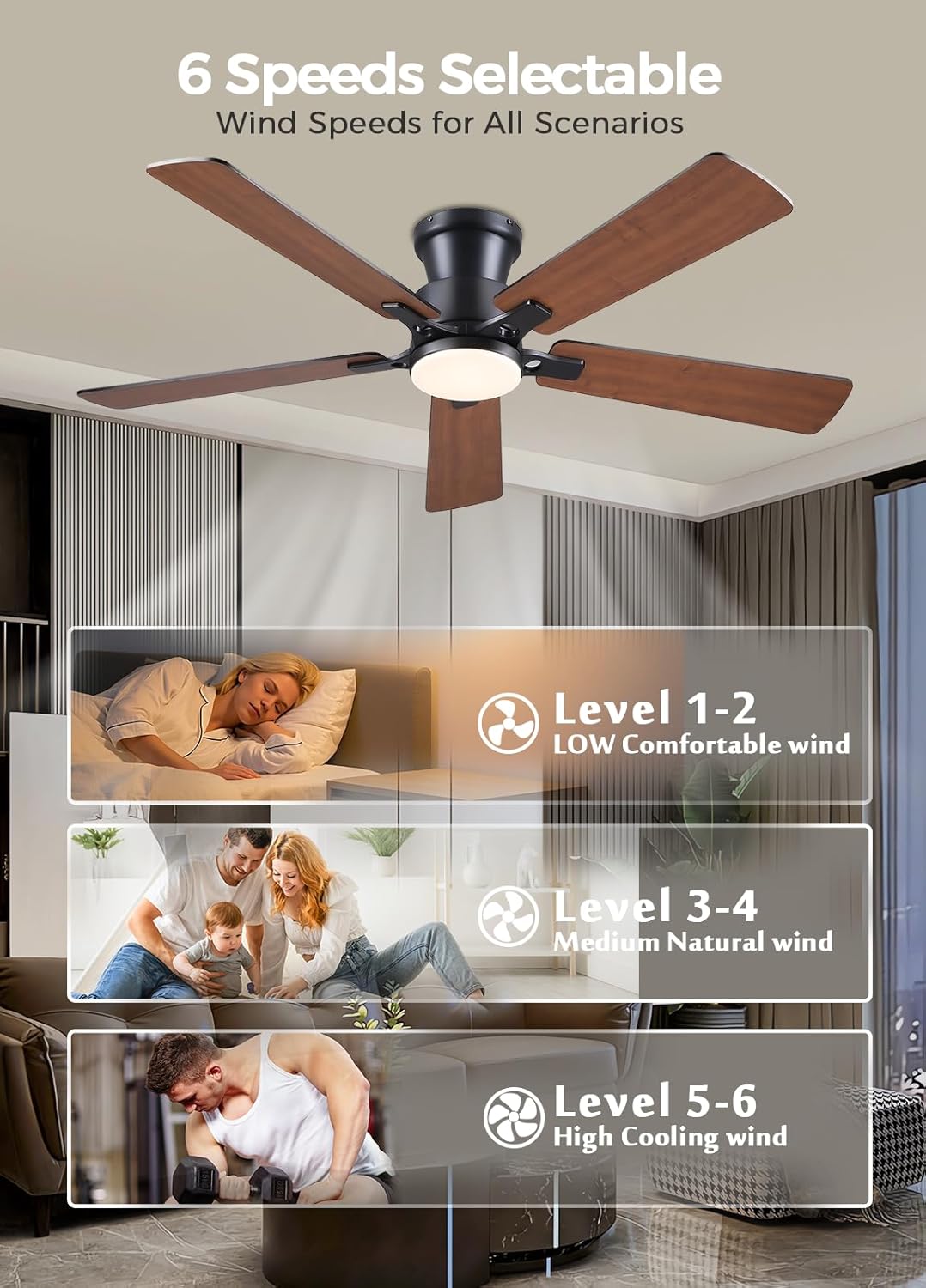 52Inch Ceiling Fan with Lights and Remotes, Modern Smart Flush Mount Ceiling Fans,DC Reversible Motor, 3CCT Dimmable,Noiseless,Dual Finish, Brown 6 Speeds Ceiling Fan for Indoor/Outdoor