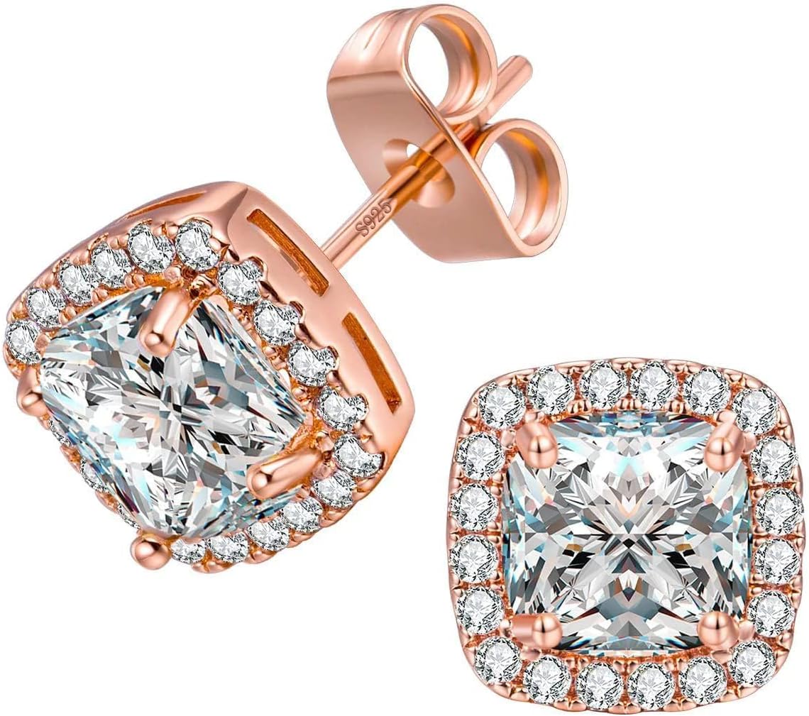 VOLUKA 18K White Gold/Gold Plated Square Cubic Zirconia Stud Earrings 6mm for Women Teen Jewelry