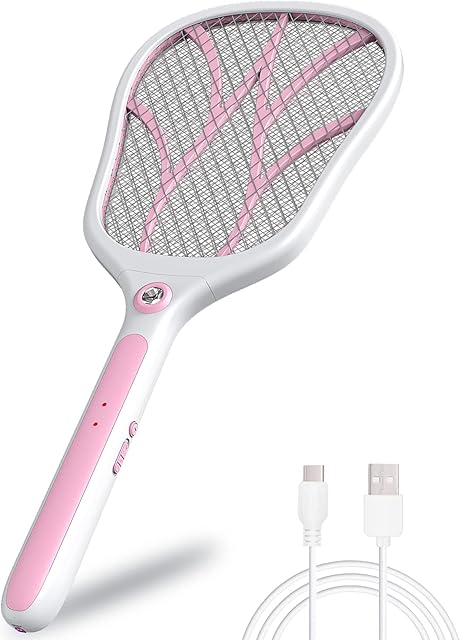 Electric Fly Swatter, 3000V Bug Zapper Racket Fly Mosquito Killer Bat with LED Light, Rechargeable USB Insect Catcher for Indoor Outdoor (Pink)