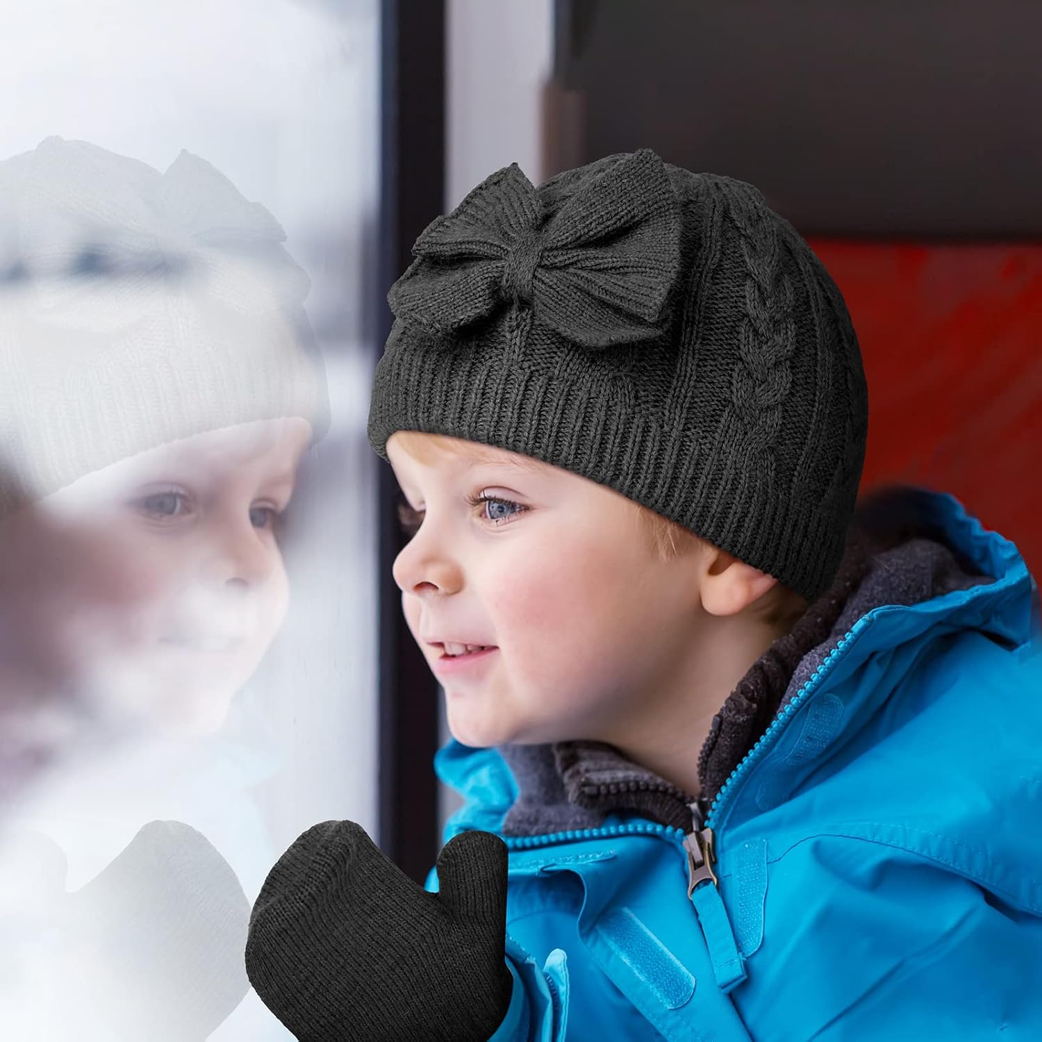 3 Set Kids Baby Toddler Winter Hats and Mittens Set Classic Warm Knitted Beanie Gloves Bow for Boys and Girls 0-6Y