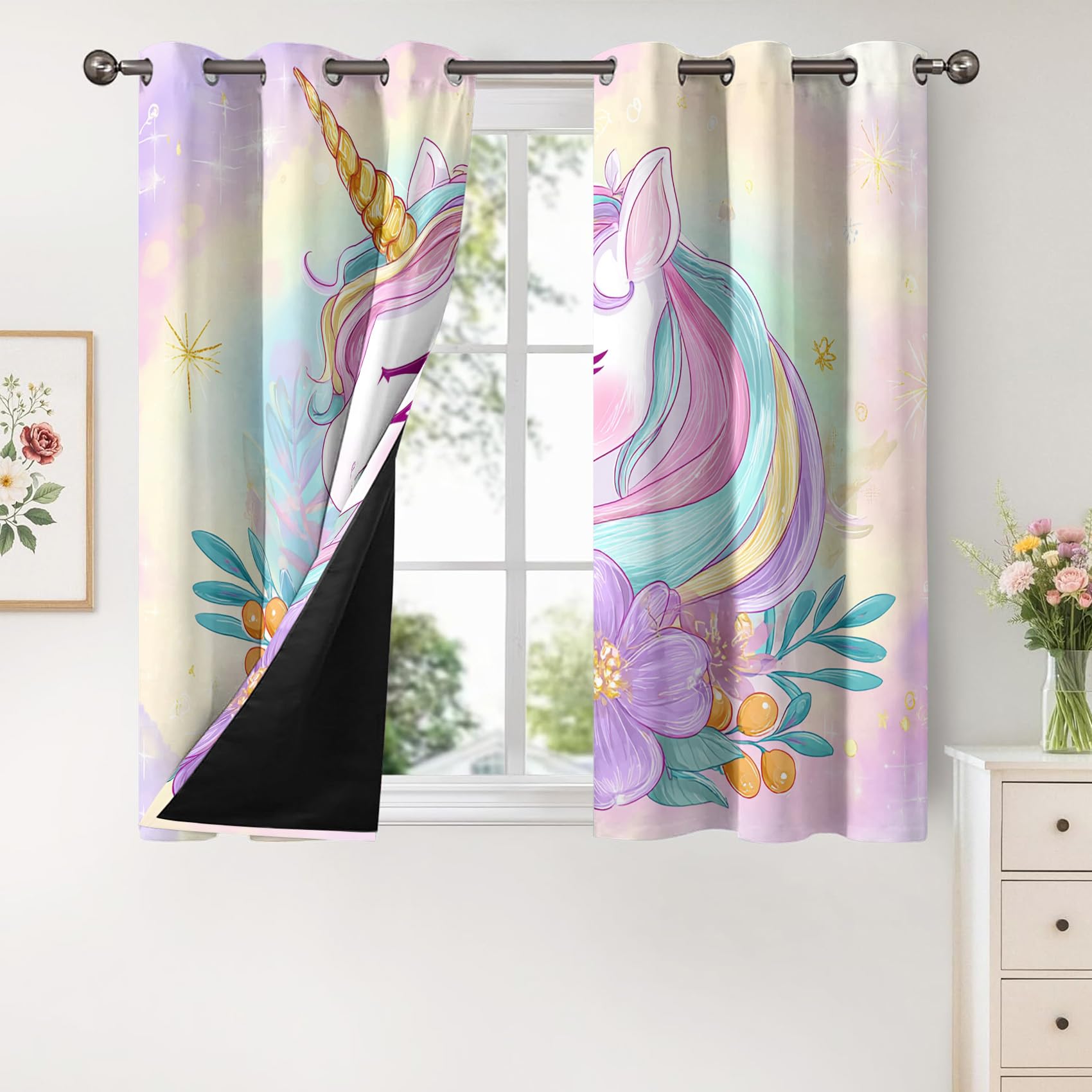 Kinder Mädchen Vorhang Mit ösen Blickdicht, Pferde Blumen Lila Vorhänge Schlafzimmer Wohnzimmer Küche 140 x 200 cm Lang, Übergardinen Innen Verdunklungsvorhänge