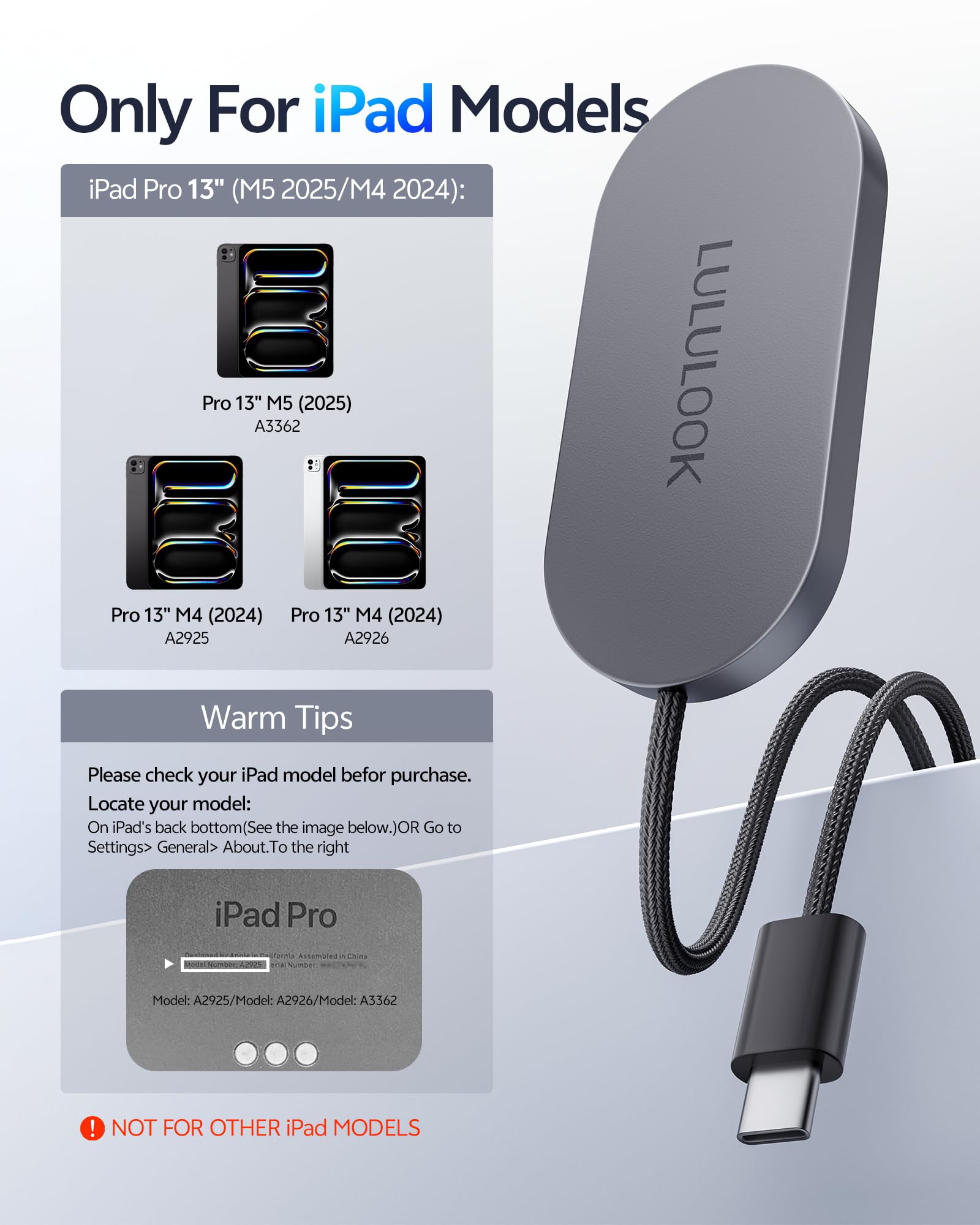 LULULOOK Chargeur magnétique sans Fil pour iPad Pro 13" M5/M4, 35 W, Charge Rapide, en Alliage d'aluminium, avec câble USB C de 2 m (Adaptateur Non Inclus)