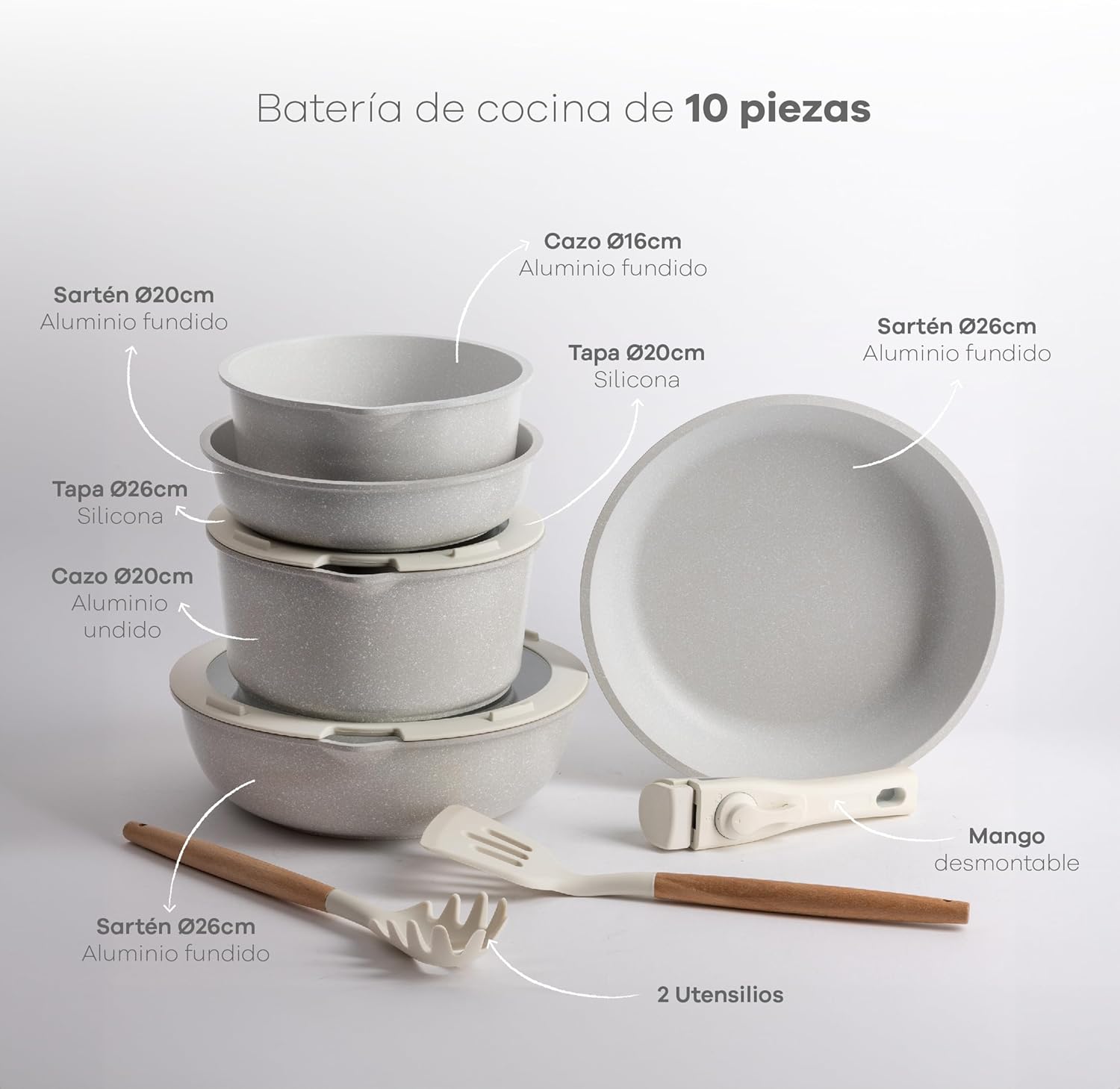 BERGNER CLICK&COOK - Set 10 PZS Pentole Easy Click Beige - Include padelle, casseruole, coperchi e utensili - Alluminio pressofuso - Rivestimento antiaderente in effetto marmo - Manico rimovibile Beige Set Jumbo 10 pezzi - Immagine 2
