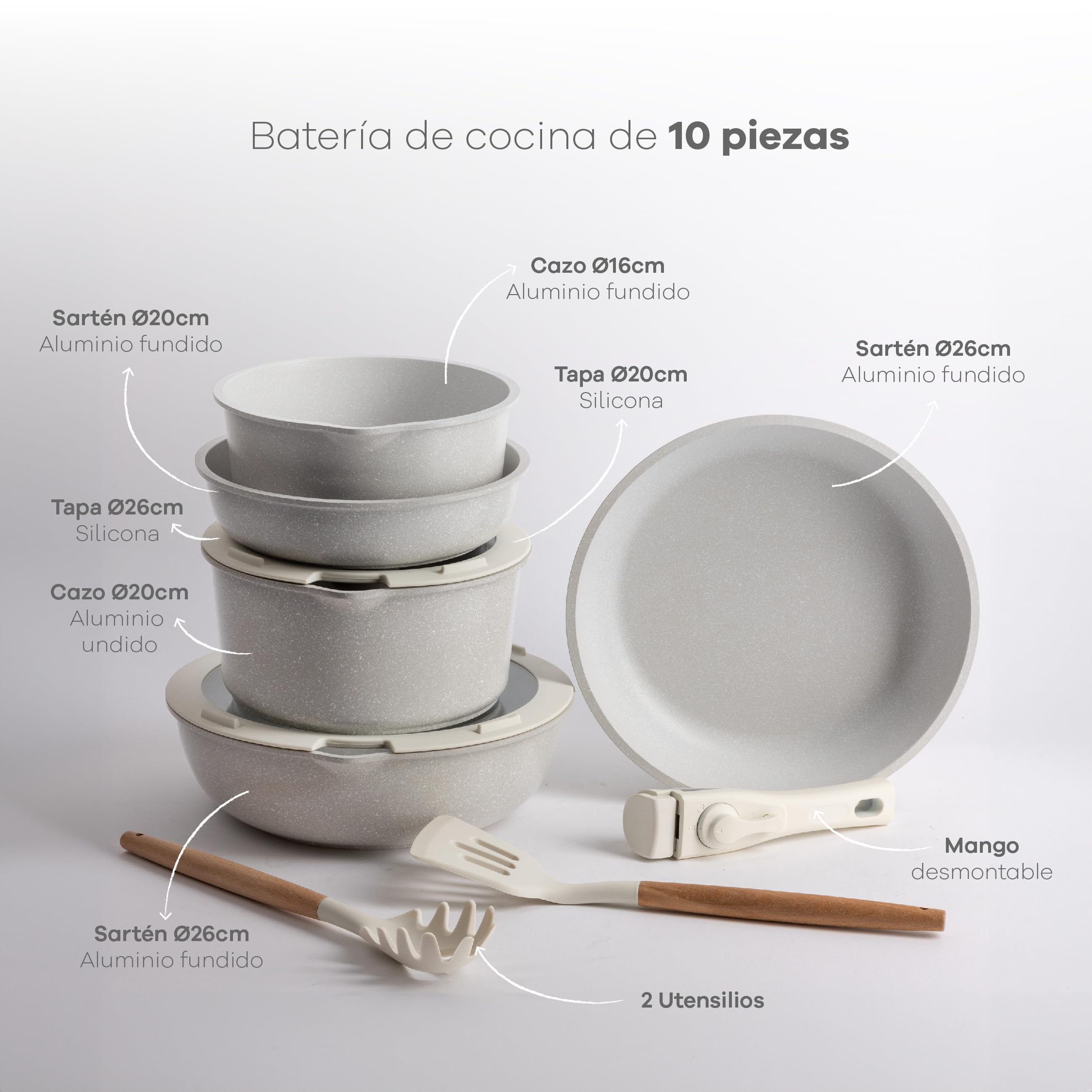 BERGNER- Set 10 PZS Pentole Easy Click Beige, Include padelle, casseruole, coperchi e utensili, Alluminio fuso, Rivestimento antiaderente in marmo, Maniglia staccabile