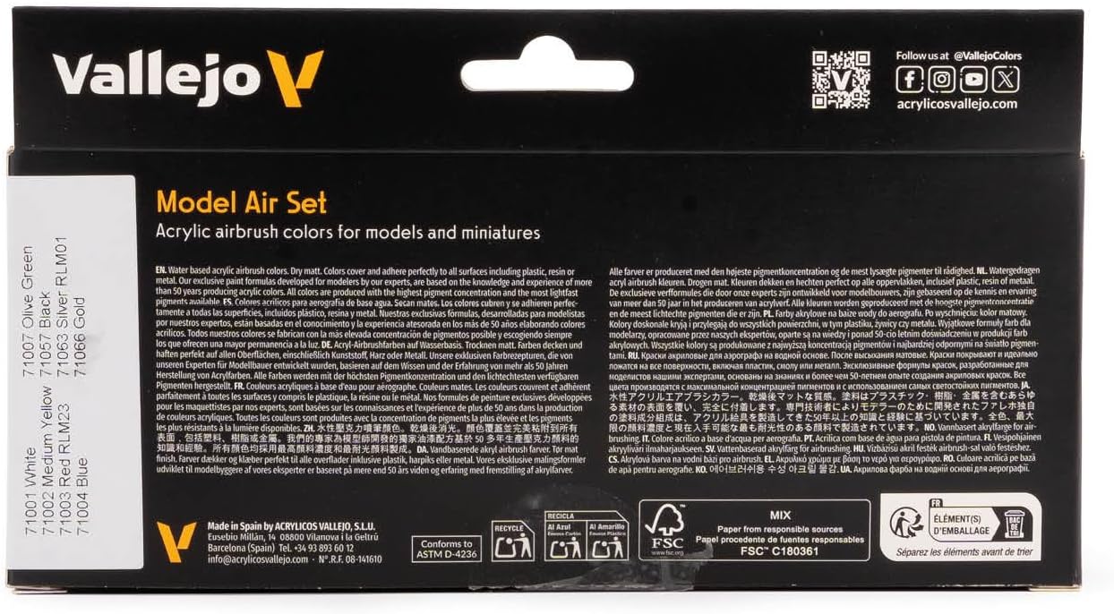 Vallejo - Model Air Basic Colors | Acrylic Paint Set | Pre Thinned Airbrush Ready Formula | 8 Basic Shades | Non-Toxic Water Based Pigments | Professional Grade Finishes