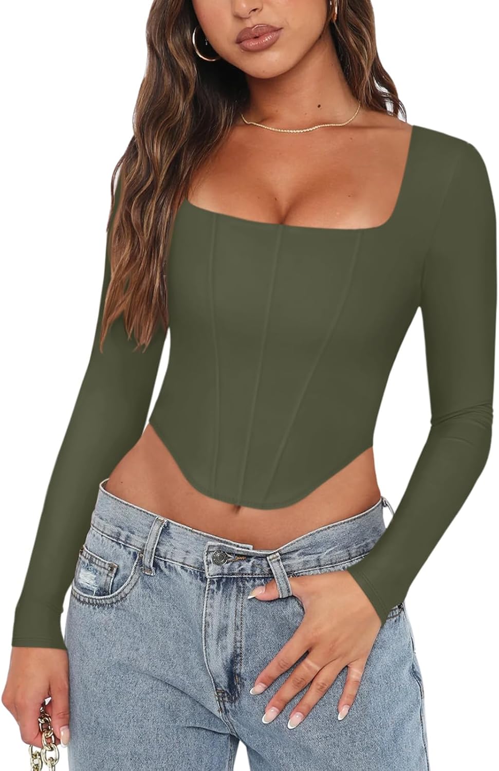 REORIA Womens Sexy Square Neck Long Sleeve Backless Going Out Boned Bustier Corset Crop Tops