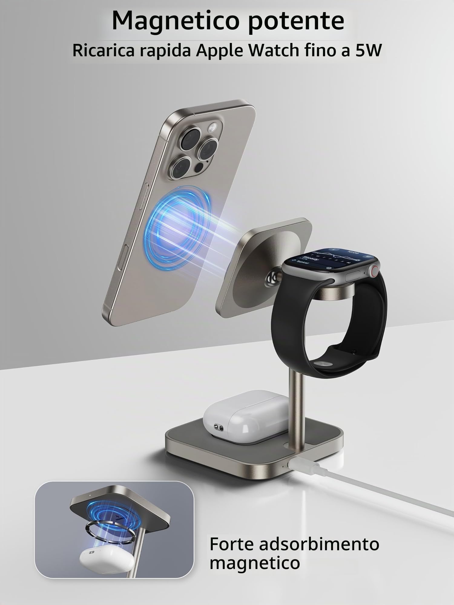 LULULOOK [Certificato Qi2] stazione di ricarica per Apple Watch e iPhone, in alluminio 3 in 1 con ricarica rapida da 15 W, per iPhone 17/16/15/14/13/12, 5W per Apple Watch Ultra 3 2 1, AirPods Pro 3