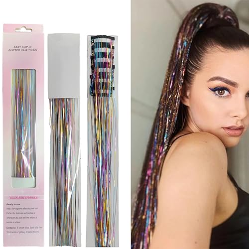Miniatura 8 de Extensiones de seda holográficas de 47 pulgadas de oropel dorado brillante profesional resistente al calor, accesorios para el cabello para niñas,