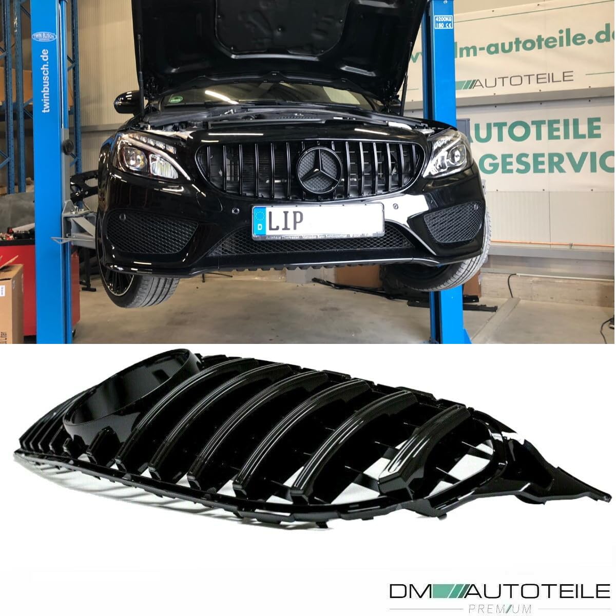 DM Autoteile 2227 Kühlergrill Grill Schwarz Glanz kompatibel für Mercedes C Klasse W205 S205 14-18 auf Sport-Panamericana GT