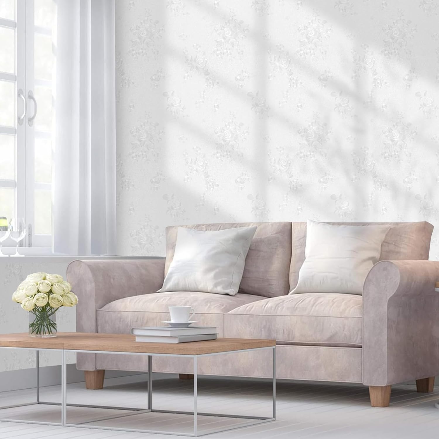 White Wallpaper Peel and Stick Contact Paper 17.3in x 118.1in Floral Embossed Removable Wallpaper Self-Adhesive Thicken Vinyl Waterproof Flower Textured Bedroom Living Room Wall Paper