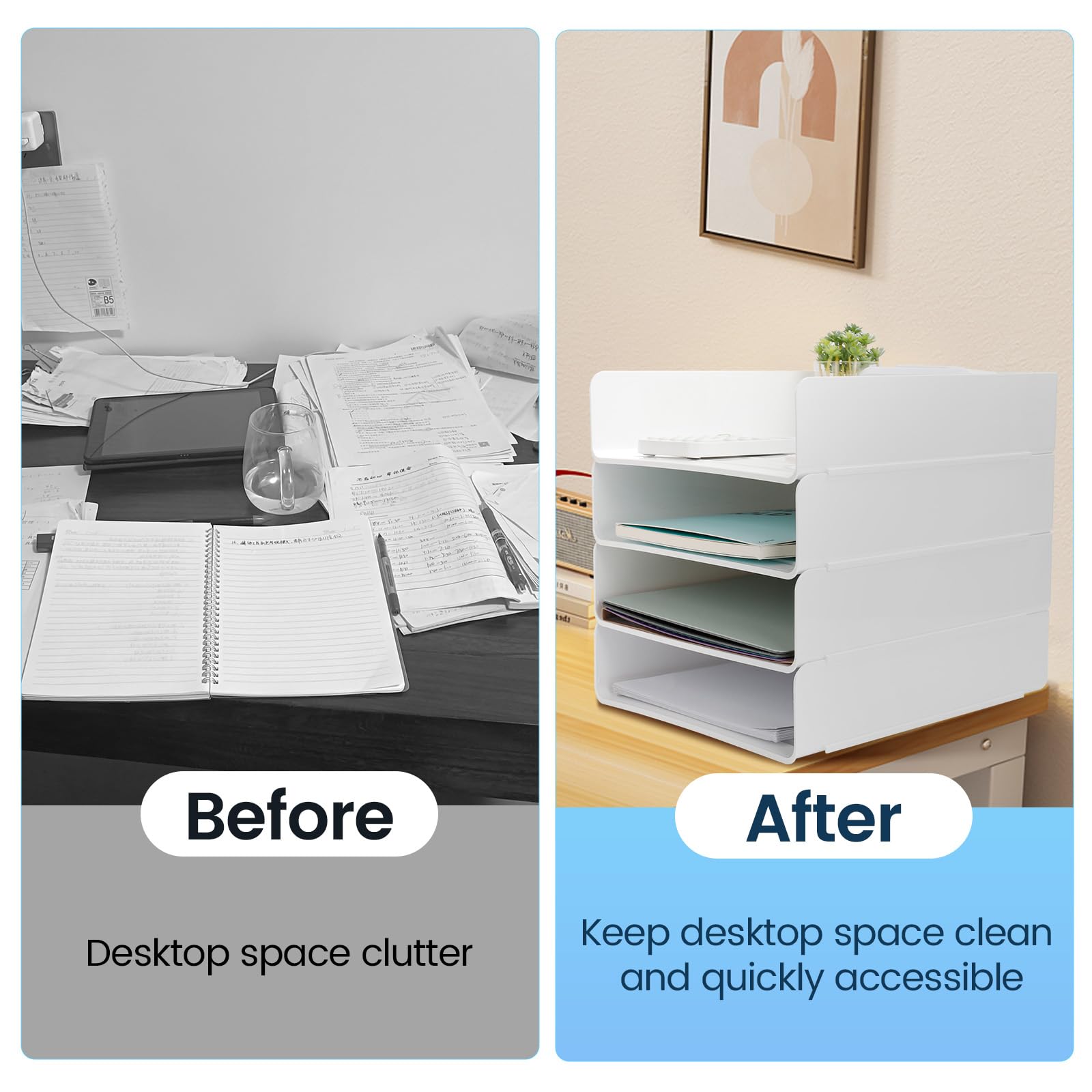 Lot De 4 Banette De Rangement Bureau, SHAIDOJIO A4 Taille Corbeille A Courrier, Empilables Organisateur De Bureau, Blanc Corbeilles à Courrier Pour A4 Papier Magazines Reçus Documents Bureaux