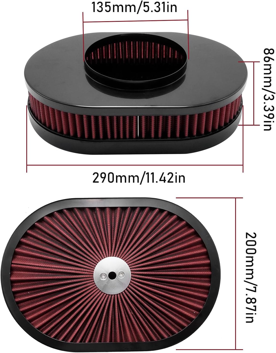 VIKKSAER Red 12"x2" Oval Air Cleaner Filter Assembly, 5-1/8" Carb Neck w/Flow-Thru Lid High Flow Chrome, Replacement for GMC Replacement for Chevy