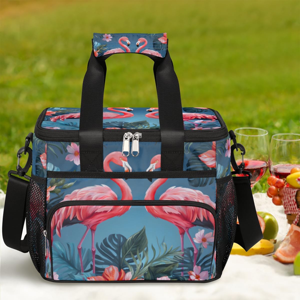 Flamingo Palm Leaf Insulated Picnic Backpack Lunch Box for Women Men Picnic Basket Tote Lunch Bag Picnic Bag Portable Lunch Bags for Picnic, Beach, Work, Trip,Office, Camp Flamingo