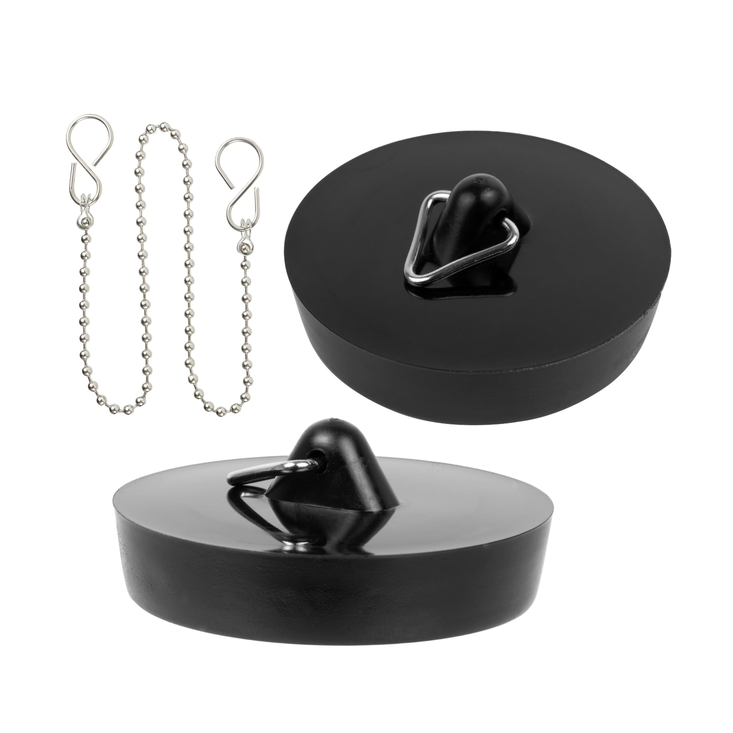 Universal stopper with chain, 3 pack, black, Ø 45.5 on 42 mm top on underside, PVC drain plug for 1 3/4" inch valve tops, sink Rubber stopper chain with S-hook, bath stopper