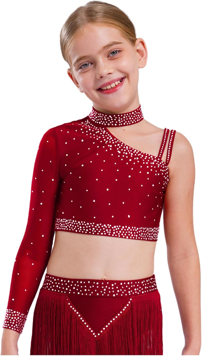 Hansber Kids Girls Rhinestone Dance Set Crop Top with Skirt for Dance Recitals School Shows & Pageants