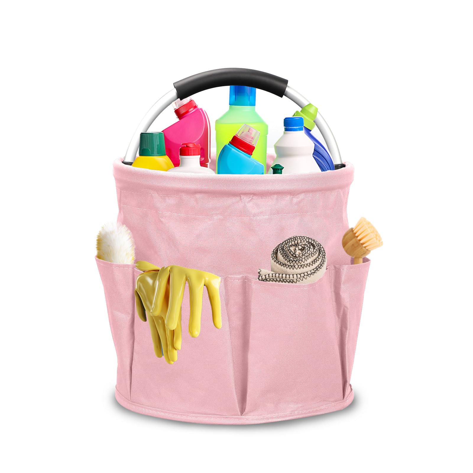 Ruaizel Cleaning Caddy with Handle, Foldable Cleaning Caddy Organiser, Cleaning Bag for Garden Small Tools Bag,Multi pocket Craft Universal (Pink)