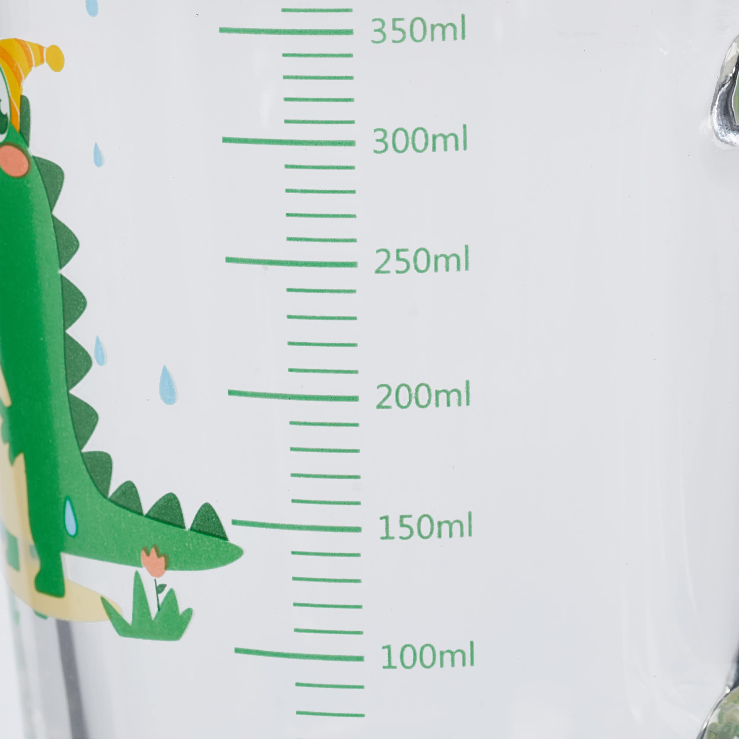 Relaxdays Set da 2 Tazze per Bambini, Vetro, Silicone, ABS, con Cannuccia Manico e Tappo, 400 ml, Dinosauro, Trasparente