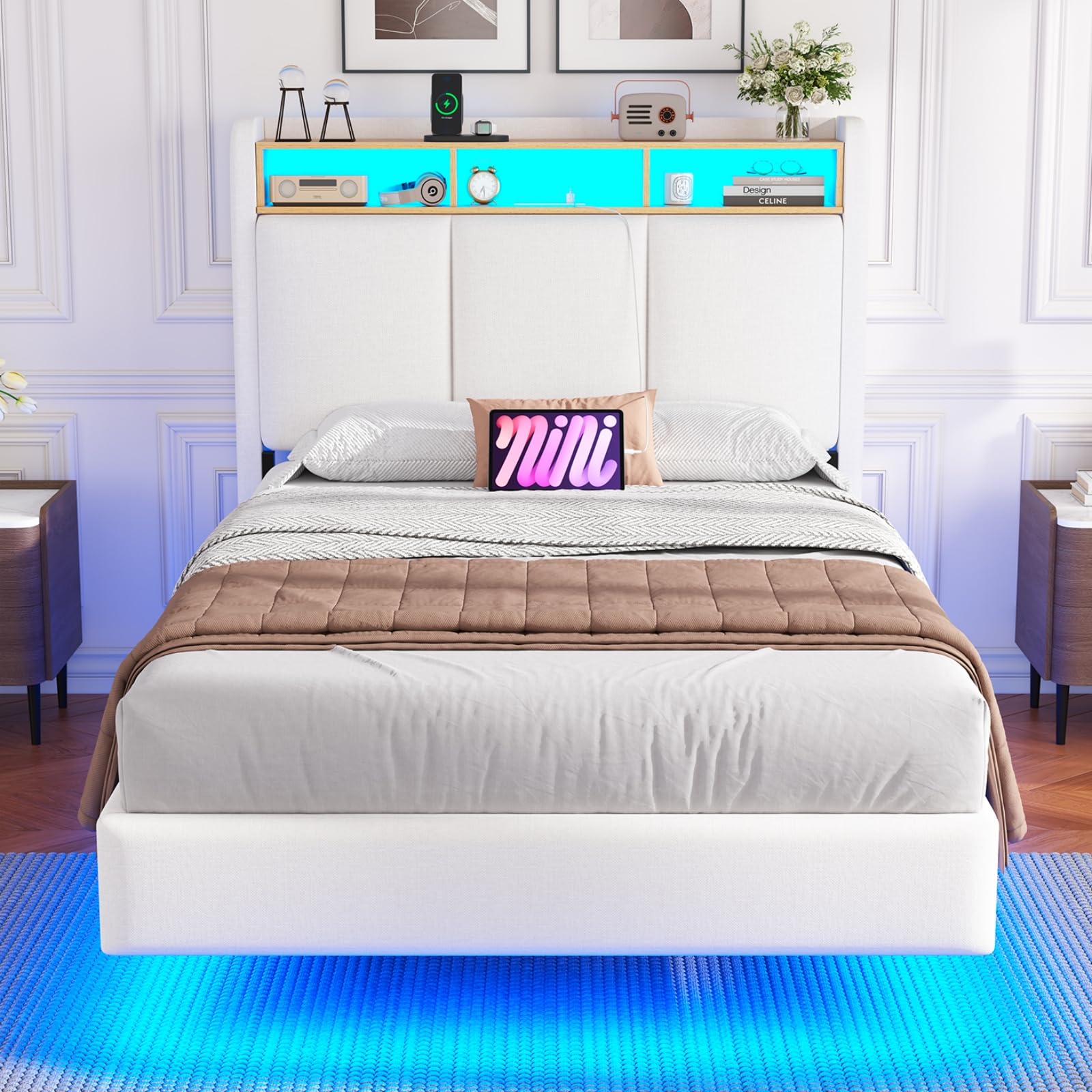 DICTAC Floating Single Bed Frame with Upholstered Storage Headboard, LED Lights & Charging Station (2 AC Sockets, 1 USB-A Port and 1 USB-C Port) 3ft Upholstered Single Bed with Solid Wood Slats, White