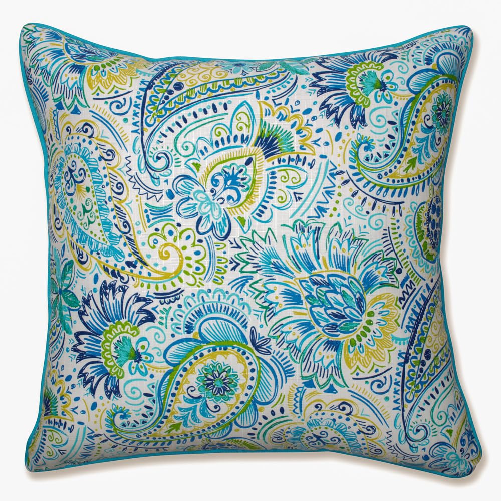 Pillow Perfect Paisley Indoor/Outdoor Accent Throw Pillow, Plush Fill, Weather, and Fade Resistant, Floor - 25" x 25", Blue/Yellow Gilford,