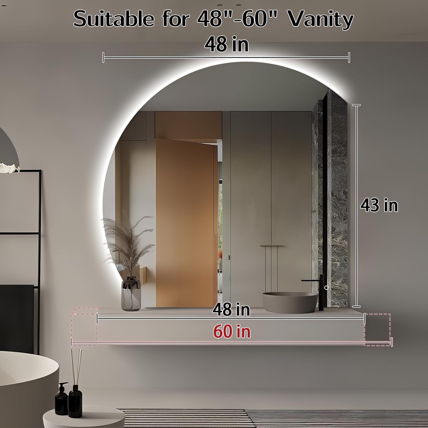 Niccy 48" LED Bathroom Mirror with Lights, Half Moon Led Mirrors, Irregular Backlit Mirrors for Entryway, Anti-Fog, Dimmable, Makeup Mirror, Explosion Proof, Round Lighted Vanity Mirrors, White Light