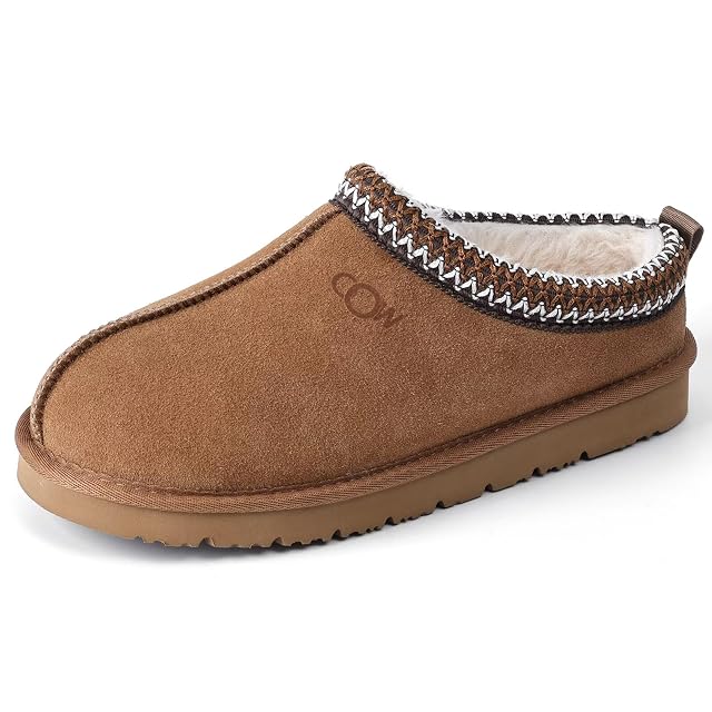OOW Genuine Suede Slippers for Women with Memory Foam Fuzzy House Shoes for Indoor Outdoor