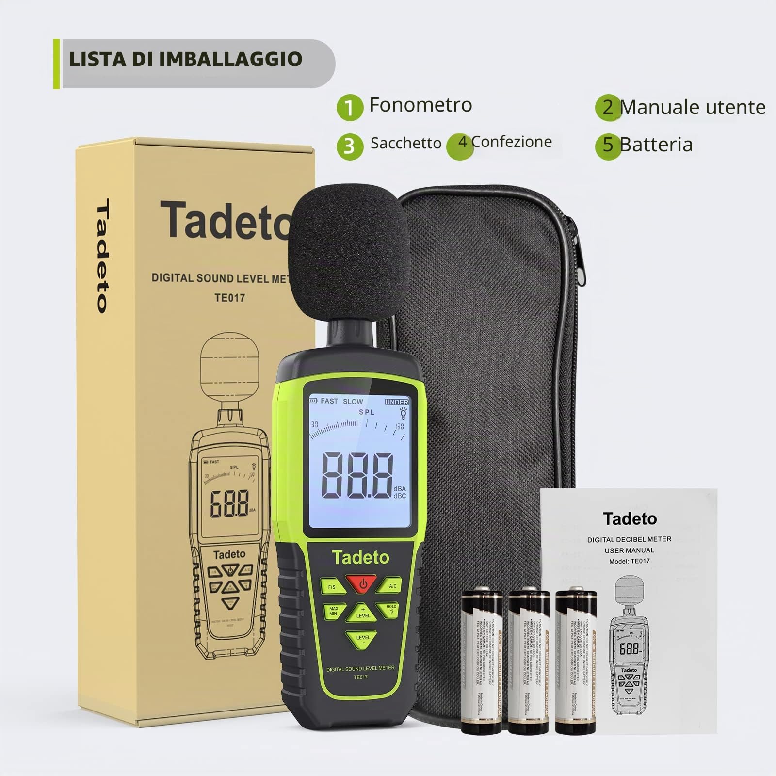 Fonometro， Tadeto Fonometro Professionale Portatile da 30dB a 130dB con Display LCD retroilluminato,Misura del rumore MAX/MIN,Conservazione dei dati,Modalità A/C，per aula, ufficio, fabbrica