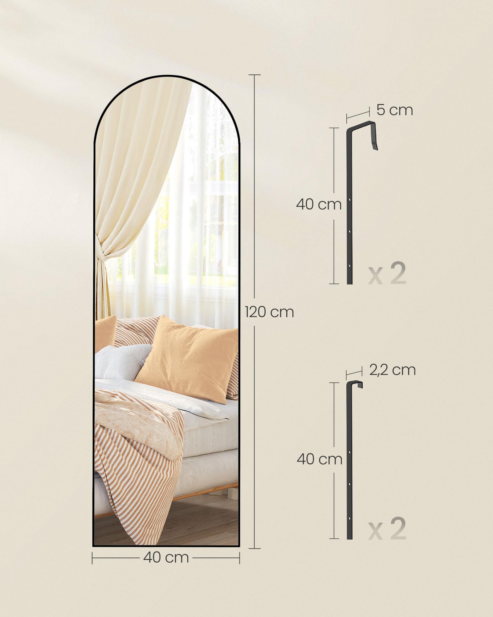 SONGMICS Pełne lustro wiszące, 120 x 40 cm, zakrzywione lustro, rama ze stopu aluminium, szkło hartowane, do sypialni, salonu, garderoby, atrament czarny LFM033B01