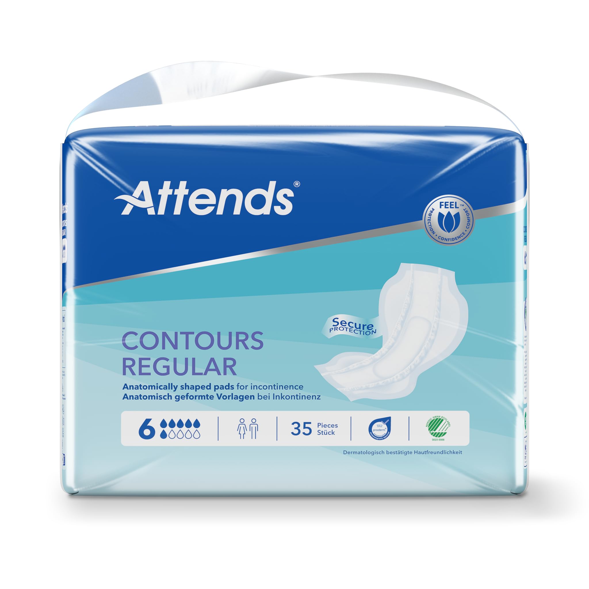 Attends Contours Regular 6, Vorlagen bei starker Inkontinenz, 4x35 St | Saugstärke 6, 671 g Saugleistung, anatomisch geformt, Quick-Dry, Auslaufschutz, OEKO-TEX, Nordic Swan, latexfrei