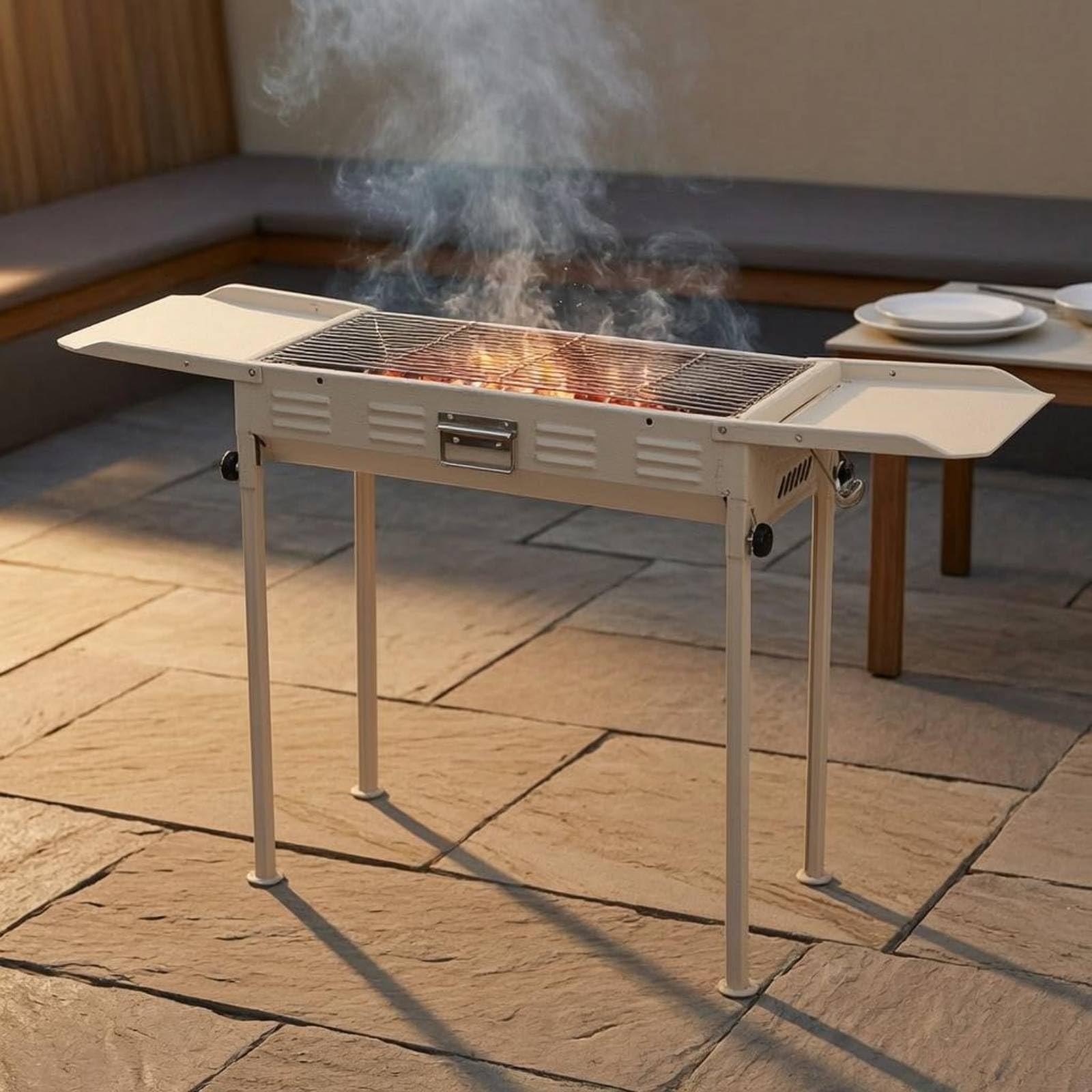 Barbecue da Esterno Griglia Carbone Piastra Forno Affumicatore Compatto Pieghevole in Ferro E Acciaio Doppia Area per Carne Verdure Spiedini Piano, Senza Padella Nera, 120 31 65cm