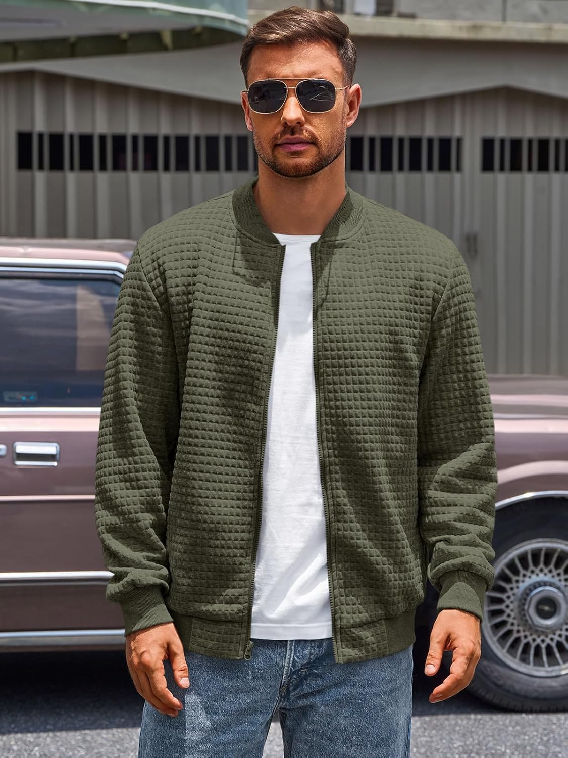 Runcati Mens Bomber Jacket Casual Lightweight Varsity Jackets Waffle Full Zip Coat - Image 2