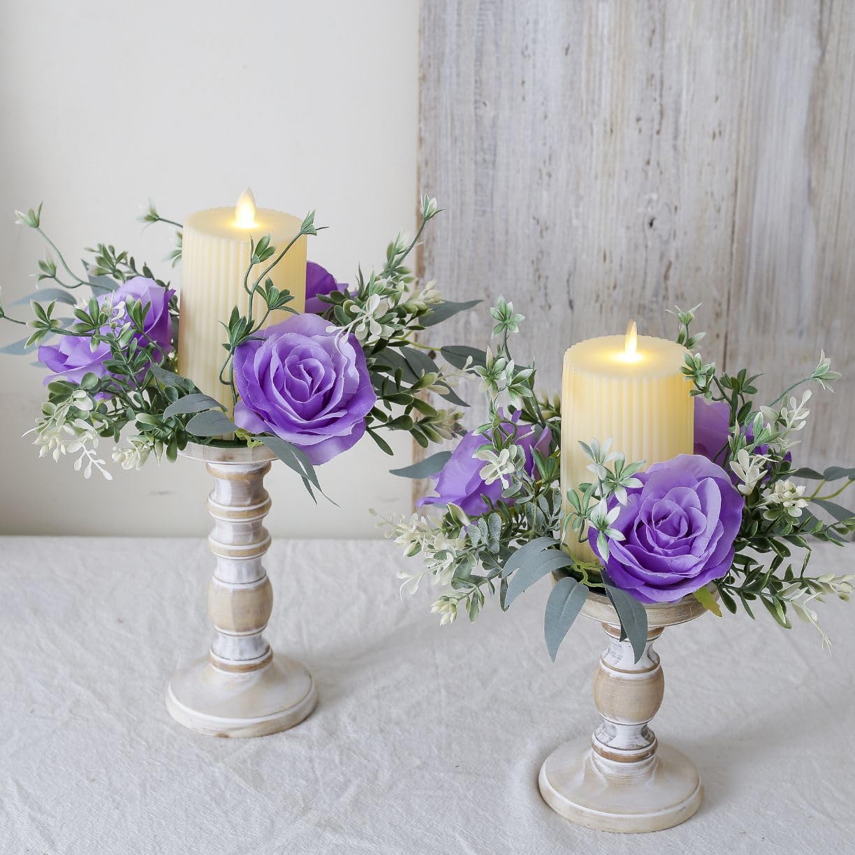 2 Pcs Artificial Flowers Candle Rings Fake Roses Floral Wreaths Wedding Centerpieces for Tables Spring Summer Farmhouse Weddings Party Ceremony Decor (Purple)