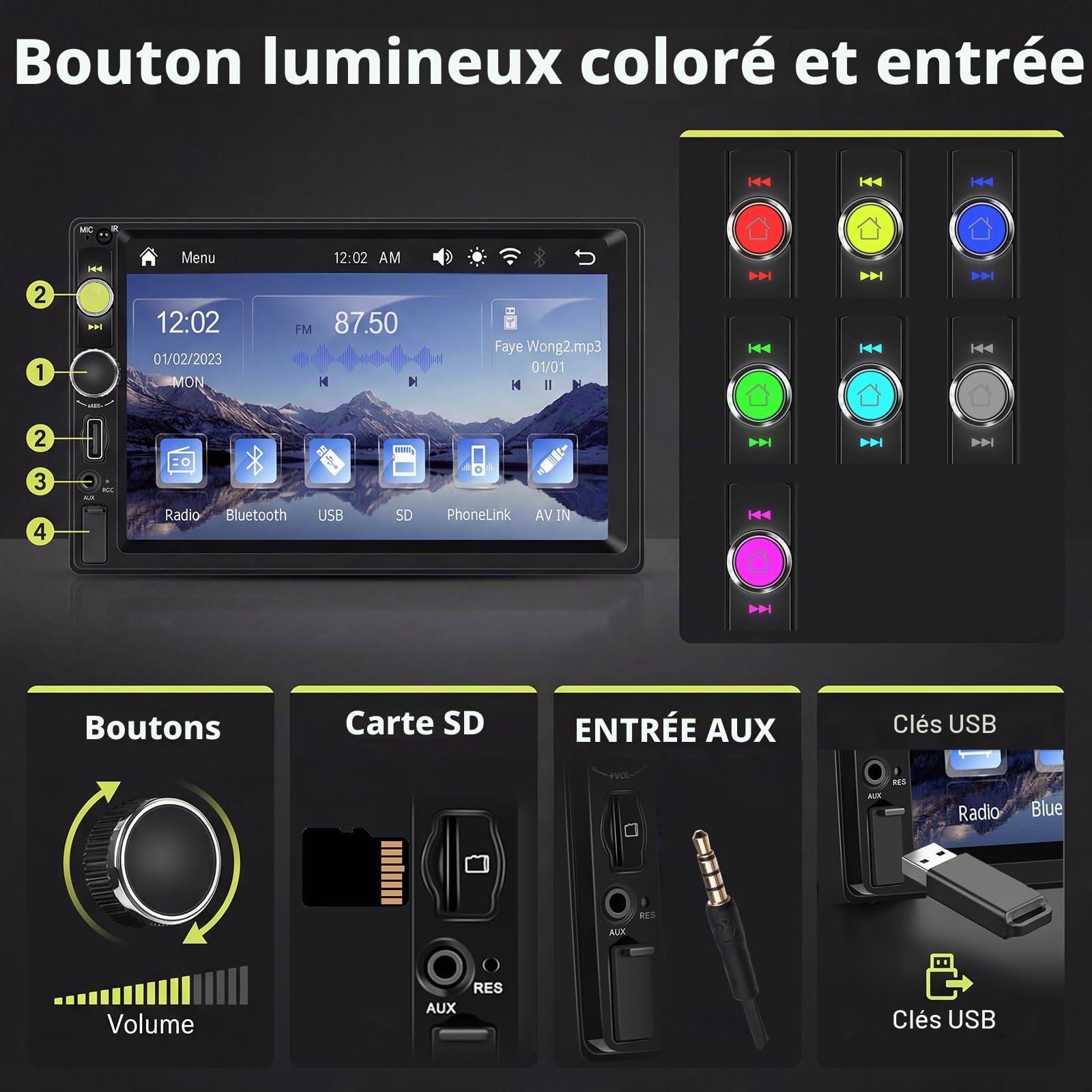 Hodozzy Autoradio 1 Din avec Carplay Android Auto sans Fil, Ecran IPS 7 Pouces Autoradio Compatible Bluetooth Radio FM/USB/TF/AUX/Sortie vidéo/Youtube/Caméra de recul
