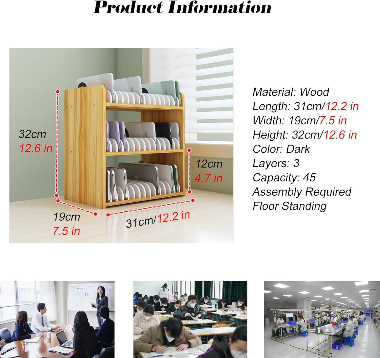 Extra Large 3-Tier Wooden Cell Phone Locker - Holds 30-45 Phones, Ideal for Schools & Enterprises, Dark Wood Finish, Spacious Storage Cabinet, 12.2"x7.5"x12.6"