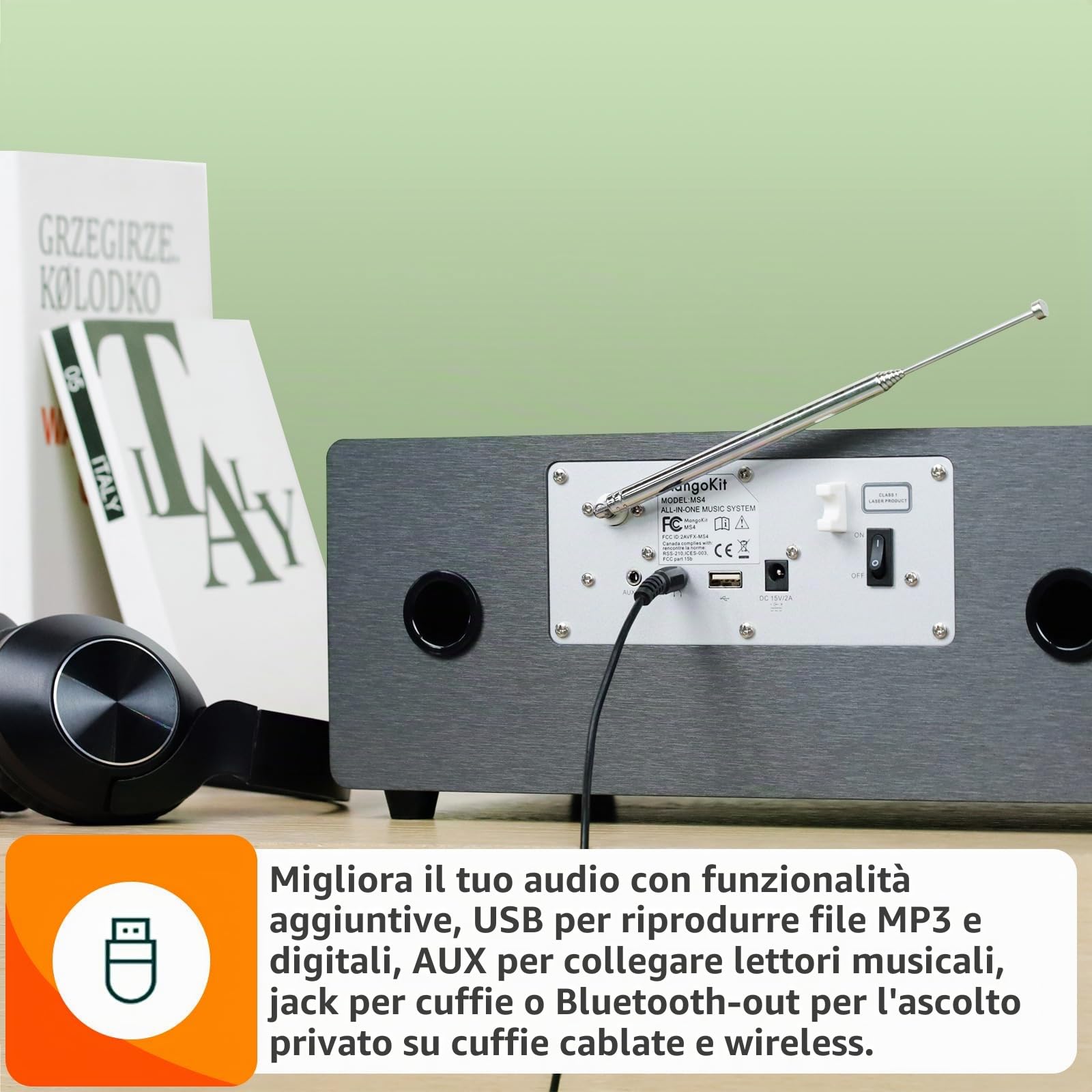 MS4 CD Player DAB Radio Hifi Sistema I Bluetooth I Potente Sistema Stereo I Digital Radio Dab+I Acustic Wood Mabiet I CD Player con 40 Preset, Jack per Cuffie,Metallico Nero