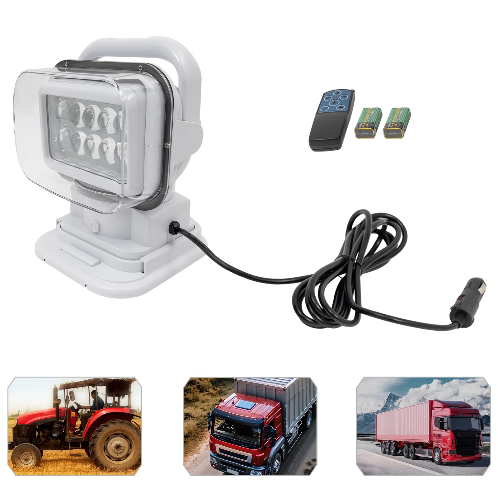 Foco LED de trabajo, luz de trabajo, mando a distancia, giratorio, 50 W, para camping, exteriores, barcos, coches, iluminación de 600 m, color blanco