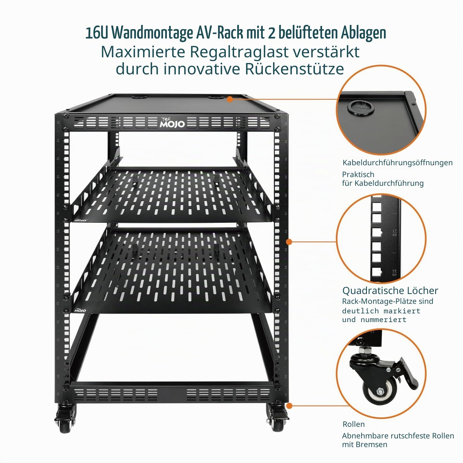 Tecmojo 16U Open Frame Netzwerk-Rack für Server und AV-Ausrüstung, mobiles Server-Rack mit 4 Pfosten mit Rollen, mit 2 Stück 1U-Regal und Montagematerial, AV-Rack für 48,3 cm Netzwerk-, Server- und