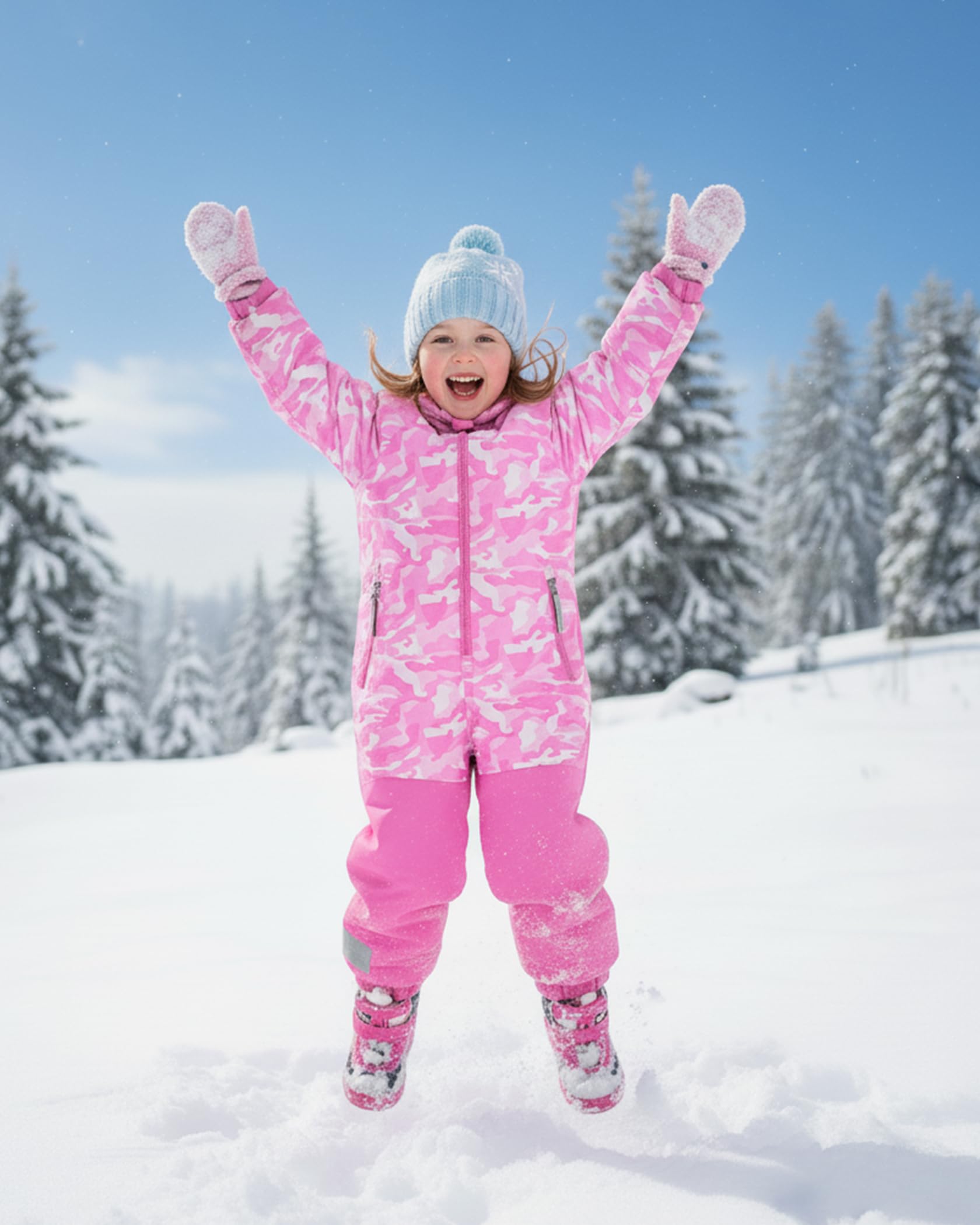 Owntop Schneeanzug Kinder Unisex, Schneeoverall Mädchen Jungen, Winddicht Wasserdicht Skianzug mit Kapuze Reißverschluss (Hellrosa Tarnung,122)
